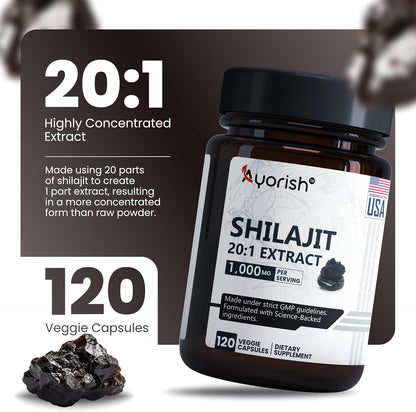 Pure Shilajit Capsules 1000 mg, 120 Capsules with Fulvic Acid & 85+ Trace Minerals