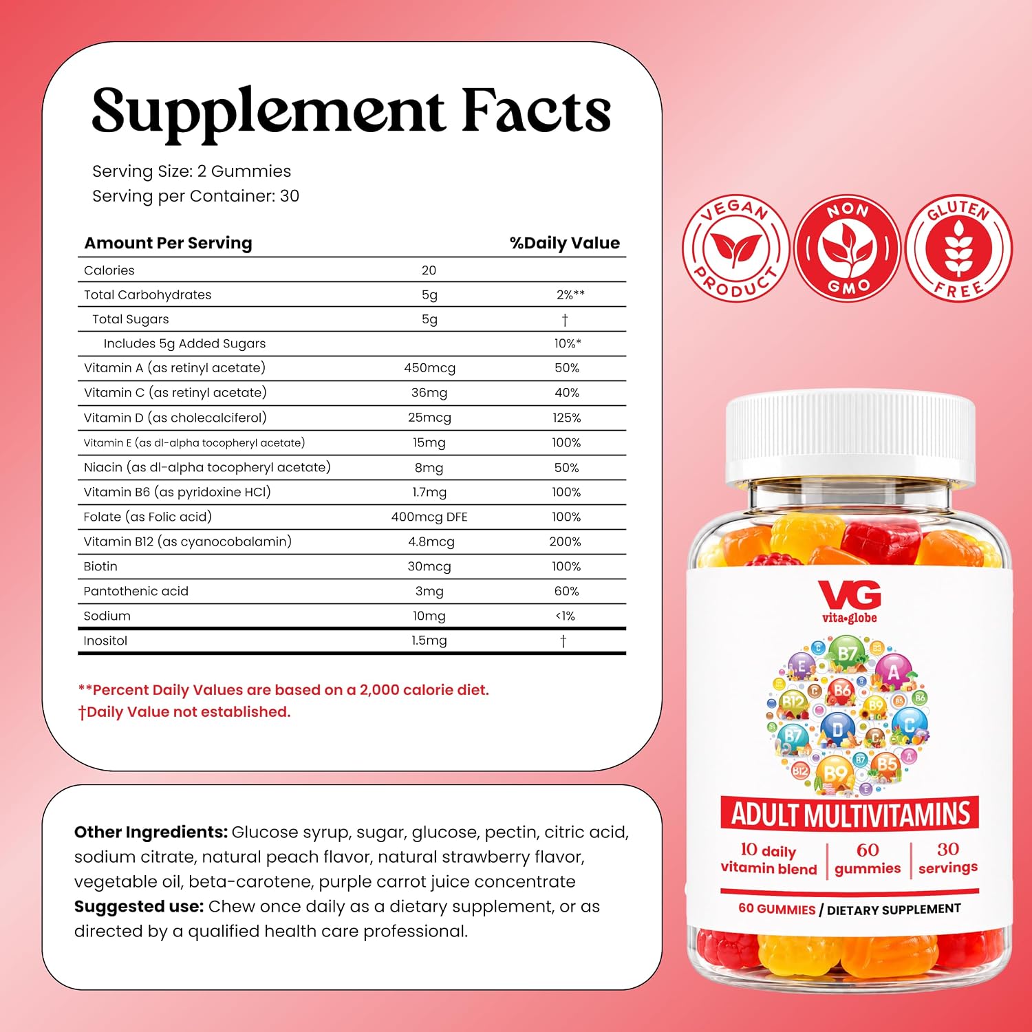 VITA GLOBE Adult Multivitamin Gummies – 9 Daily Vitamins with C, D, E, B6, B12, Folate & Biotin – Orange, Peach & Strawberry Flavours – Immune Support Supplement – 120 Gummies (2-Pack) - görsel 2