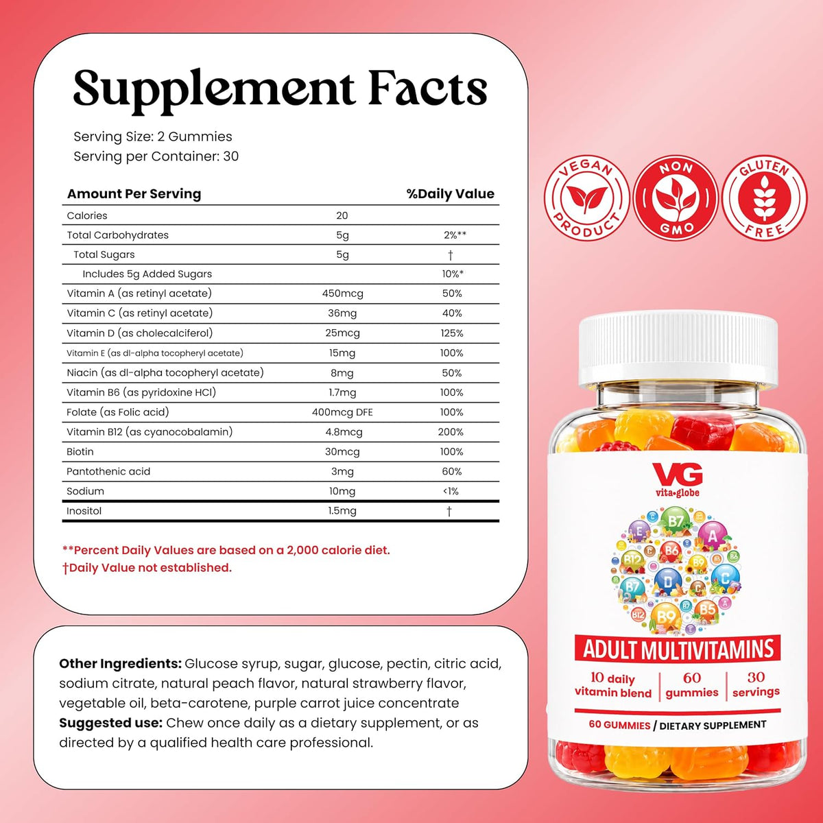 VITA GLOBE Adult Multivitamin Gummies – 9 Daily Vitamins with C, D, E, B6, B12, Folate & Biotin, Orange, Peach & Strawberry Flavours, Immune Support Supplement, 60 Gummies - görsel 2