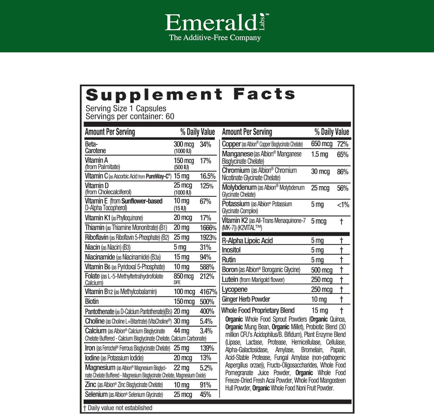 EMERALD LABS Prenatal 1-Daily Multi – Prenatal Multivitamin with Methylated Folate, Iron, Whole-Food Blend & More – 60 Vegetable Capsules - görsel 2