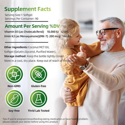 LIVEGIS Vitamin D3 K2 Soft gel capsules – 10,000 IU D3 & 200 mcg K2 (MK-7) with Coconut Oil, 90 Count