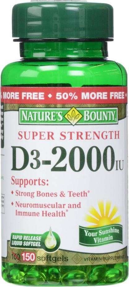 Nature's Bounty Vitamin D3 2000 IU Softgels, 150 Capsules