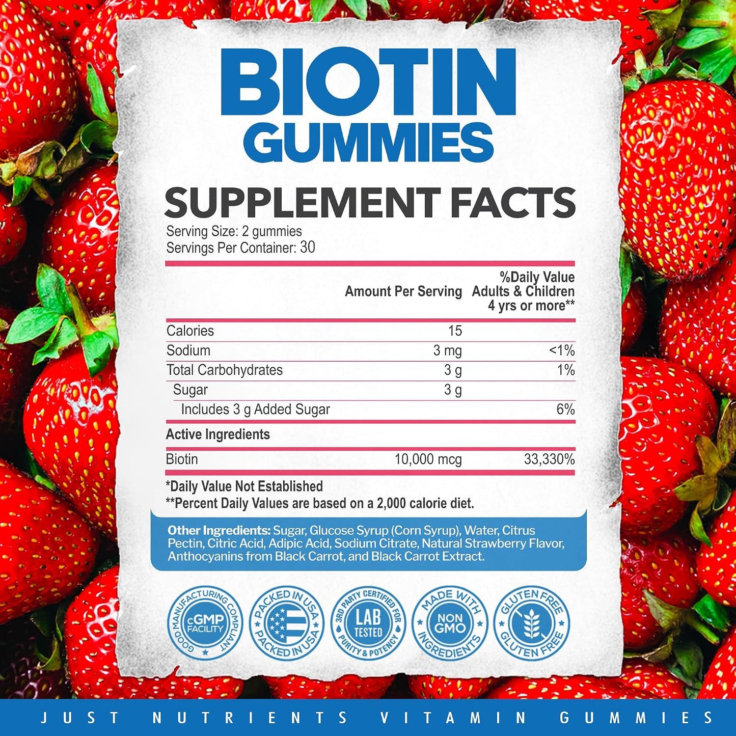 Biotin 10,000mcg Gummies for Hair, Skin & Nails - 2x Maximum Strength Biotin Vitamins for Women & Men - Gluten-free, Vegan, Non-GMO, Great Tasting Strawberry Flavour - 60 Gummies - görsel 5