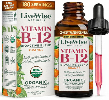 Organic Vitamin B12 1000 mcg Sublingual Liquid Drops - Methylcobalamin & Adenosylcobalamin, Unflavoured, 60 ml (450 Servings)