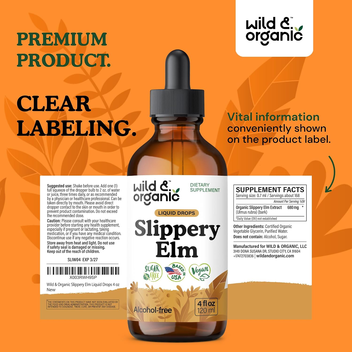 Wild & Organic Slippery Elm Liquid Drops - Lung, Digestive & Women's Support - Slippery Elm Bark Supplement - Add to Tea Tincture - Ulmus Rubra Herb - Vegan, Sugar & Alcohol-Free - 118 ml (4 fl oz) - görsel 9
