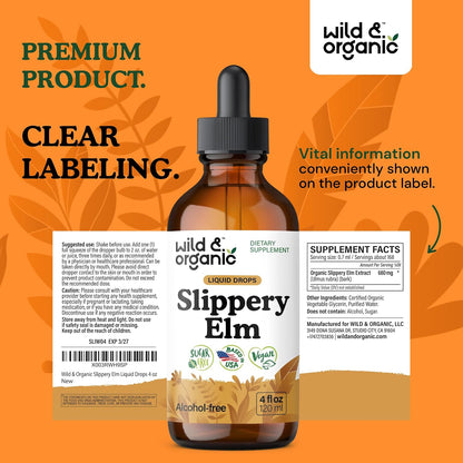Wild & Organic Slippery Elm Liquid Drops - Lung, Digestive & Women's Support - Slippery Elm Bark Supplement - Add to Tea Tincture - Ulmus Rubra Herb - Vegan, Sugar & Alcohol-Free - 118 ml (4 fl oz)