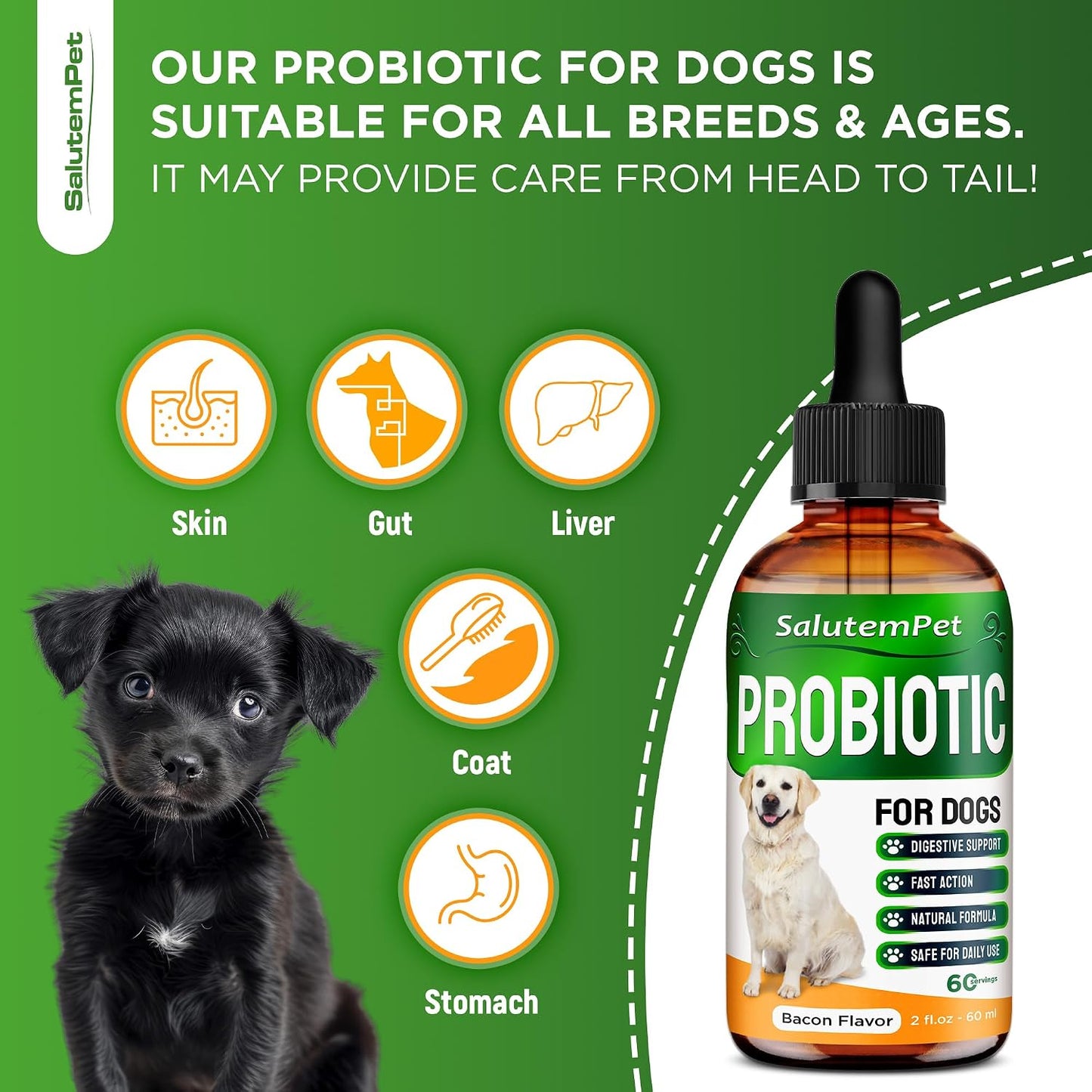 Probiotics for Dogs - Liquid Probiotics with Prebiotics & Digestive Enzymes - Gut Flora Support - Bacon Flavour - 59 ml - görsel 2