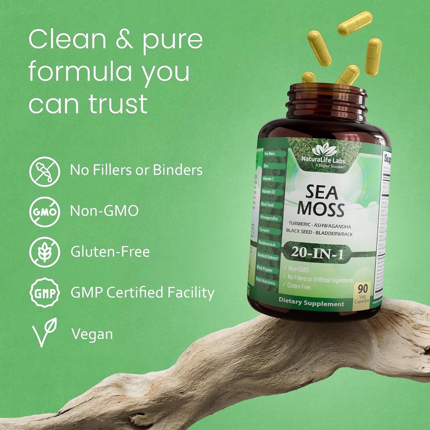 Sea Moss, Black Seed Oil, Bladderwrack, Turmeric, Ashwagandha, Burdock, Vitamin C, D3, Zinc - 90 Veggie Capsules - görsel 6