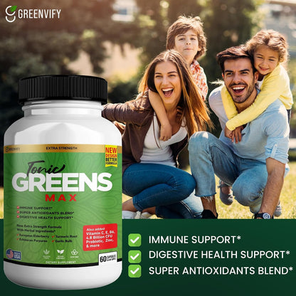 Tonic Greens Max, Extra Strength Immune Support Supplement, 60 Capsules, with Elderberry, Turmeric, Probiotics