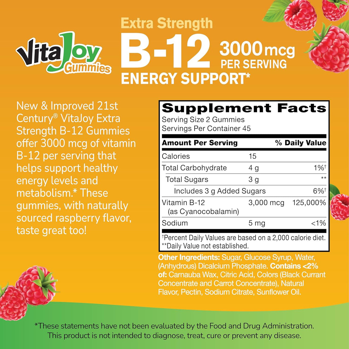 21st Century Extra Strength Vitamin B12 Gummies 3000 mcg - Energy and Nerve Support, Vegan and Gluten-free, Raspberry, 90 Count - görsel 2