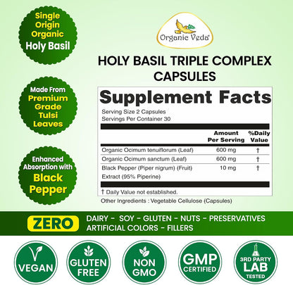 Organic Veda Holy Basil Capsules - Triple Complex Tulsi Leaf Supplement with Black Pepper Extract - Supports Respiratory & Immune Health, Helps Maintain a Balanced Stress Response & Mood - 60 Vegan Capsules