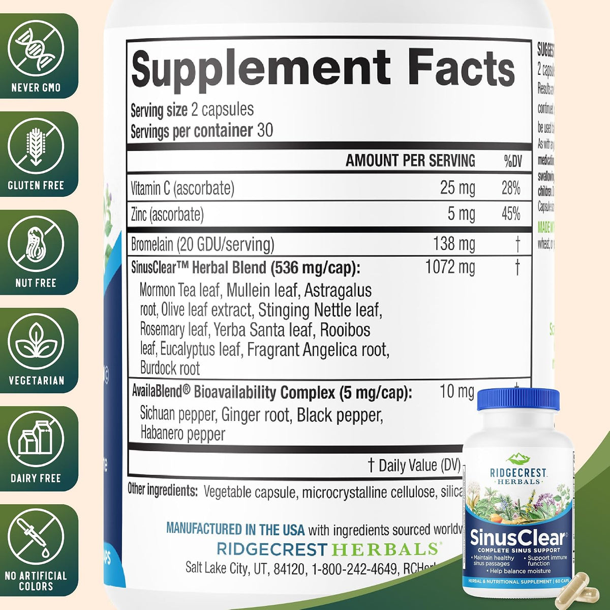 RidgeCrest Herbals SinusClear – Natural Sinus & Respiratory Support with Mullein, Bromelain, Vitamin C, and Zinc (60 Veg Caps) - görsel 3