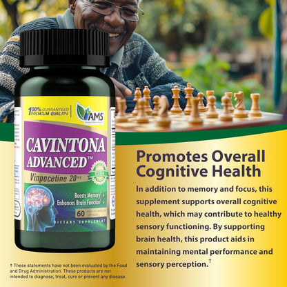 Cavintona Advanced Supplement – Vinpocetine 20mg for Memory, Recall and Brain Health – Supports Cognitive Function, Focus, Mental Clarity and Blood Flow – 60 Capsules