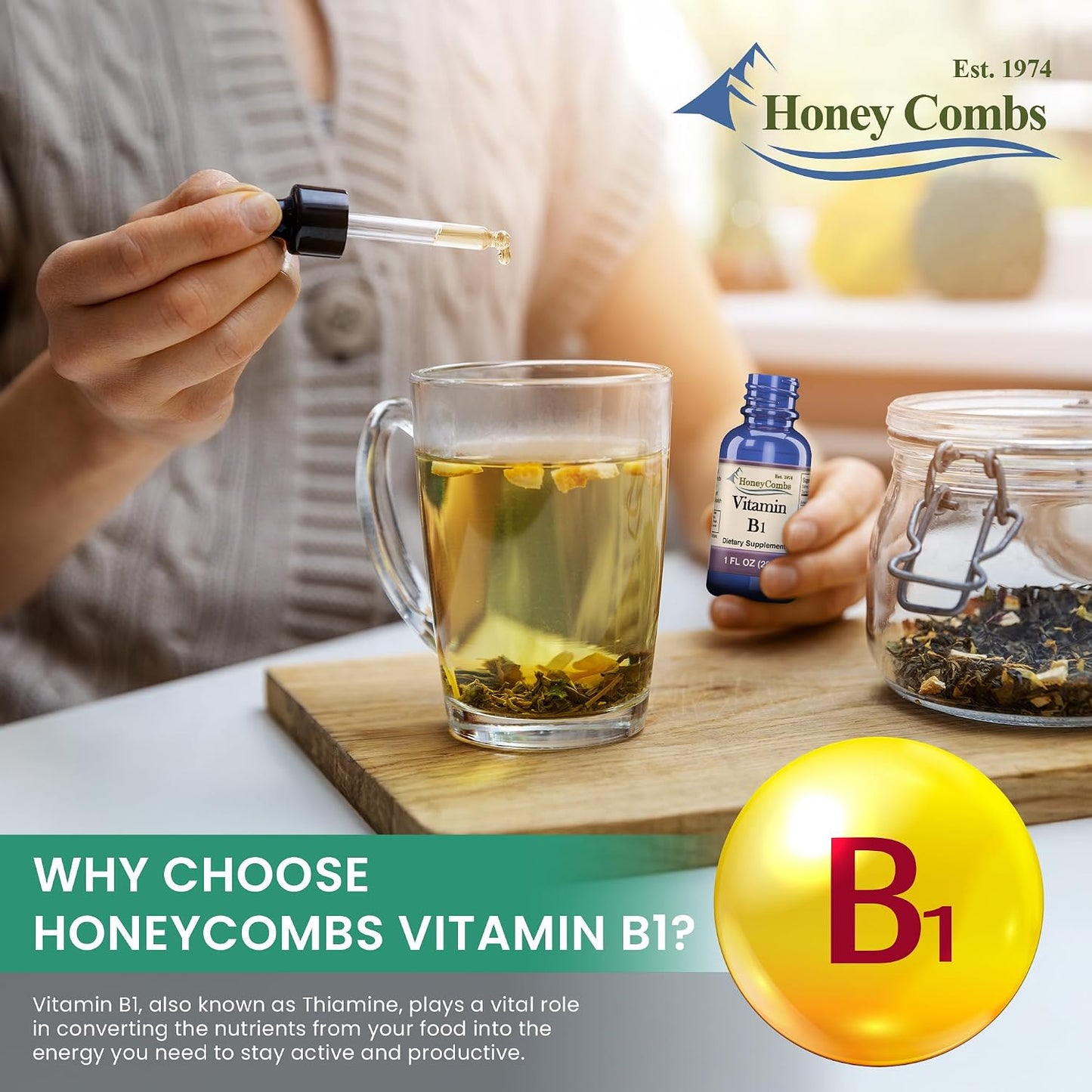 HoneyCombs Vitamin B1 Supplement (Thiamine) Liquid Drops - High Potency Thiamine B1 for Men & Women - Nervous System, Energy & Overall Health - Vegan Liquid B Vitamins (240 ml) - görsel 3