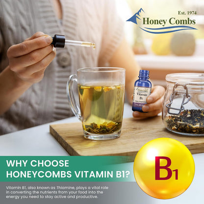 HoneyCombs Vitamin B1 Supplement (Thiamine) Liquid Drops - High Potency Thiamine B1 for Men & Women - Nervous System, Energy & Overall Health - Vegan Liquid B Vitamins (240 ml)