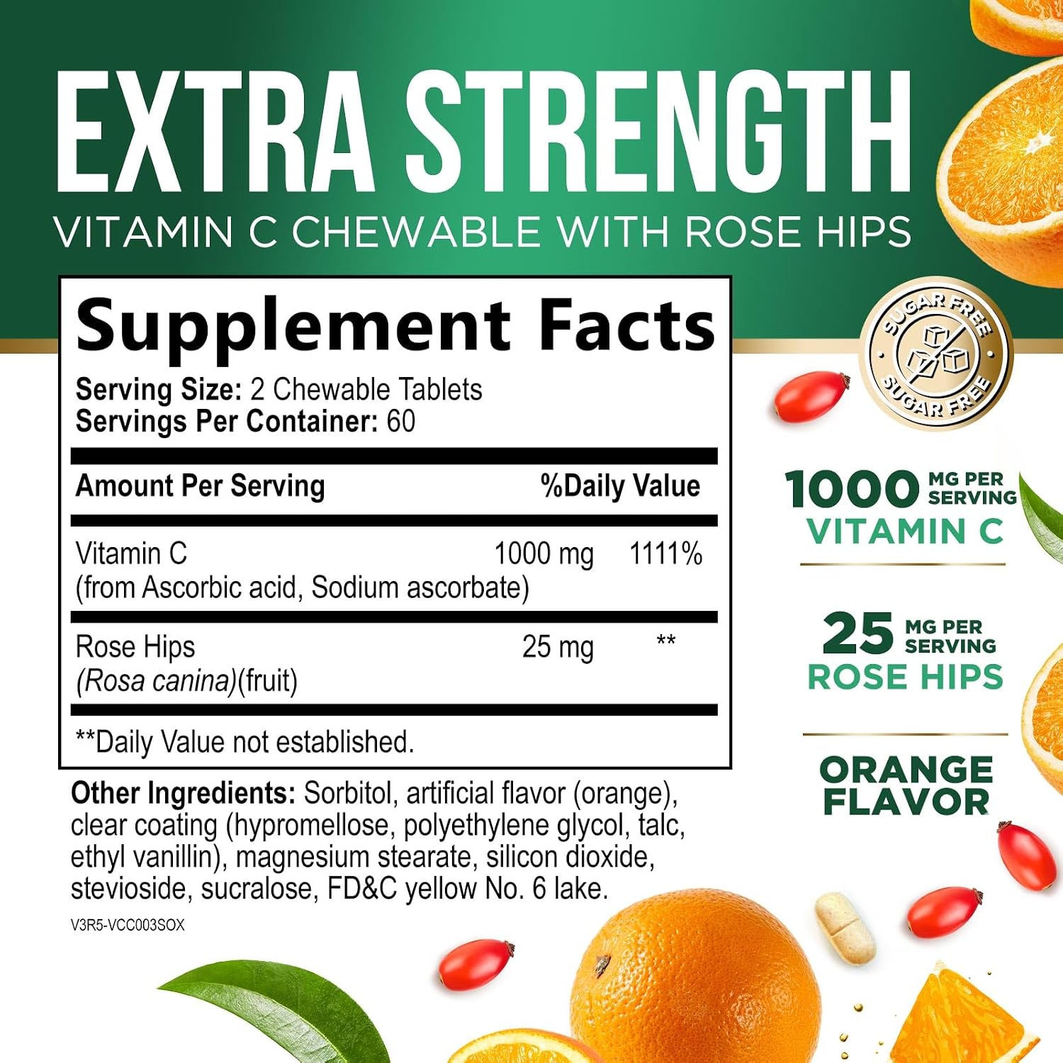Vitamin C 1000mg Chewable Tablets with Rose Hips – Sugar Free, Orange Flavour – 120 Count - görsel 2