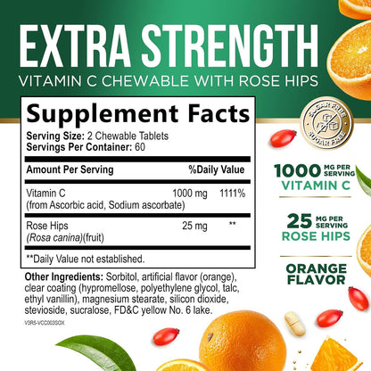 Vitamin C 1000mg Chewable Tablets with Rose Hips – Sugar Free, Orange Flavour – 120 Count