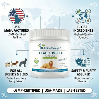 Nutrition Strength Folate for Dogs – Cardiovascular & Prenatal Support, DNA Synthesis, with Zinc, Biotin, Iron & Vitamin B12, 120 Soft Chews