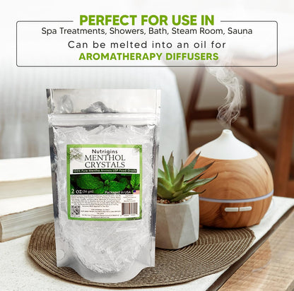 Nutrigins Menthol Crystals 2 oz - Pure Organic 100% Natural Menthol Crystals from Mint (Mentha Arvensis) - Resealable Stand-Up Pouch