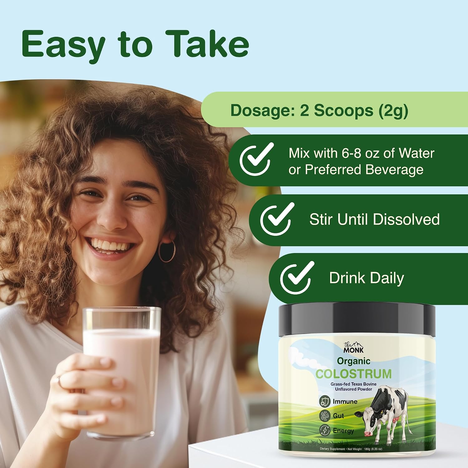 Colostrum Supplement – Grass-Fed Texas Bovine Whole Colostrum Powder for Immune, Gut & Wellness – Unflavoured – 100% Pure – 180g – 90 Servings – Made in the USA - görsel 5