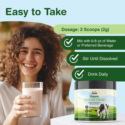 Colostrum Supplement – Grass-Fed Texas Bovine Whole Colostrum Powder for Immune, Gut & Wellness – Unflavoured – 100% Pure – 180g – 90 Servings – Made in the USA