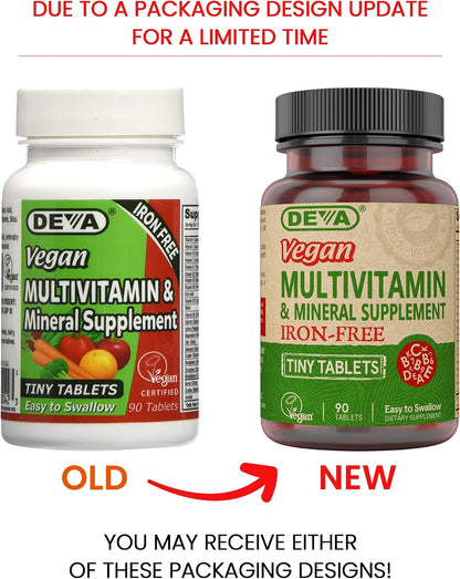 Deva Vegan Multivitamin and Mineral Supplement Iron-Free - High-Potency with Vitamins A, C, D, E, B Complex - 90 Tiny Tablets (4-Pack)