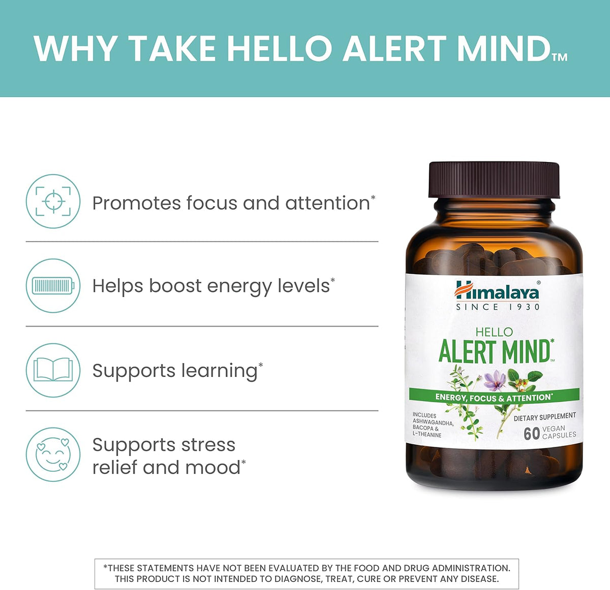 Himalaya Hello Alert Mind - Brain Support with L-Theanine, Ashwagandha, Bacopa, Vitamin B6 & B12, 60 Capsules - görsel 4