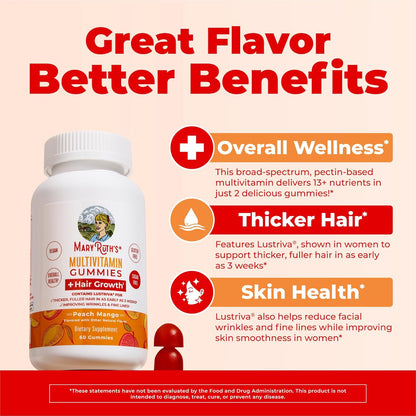 MaryRuth's Multivitamin + Hair Growth Gummies with Lustriva® | Biotin 10,000 mcg | for Hair, Skin & Nails