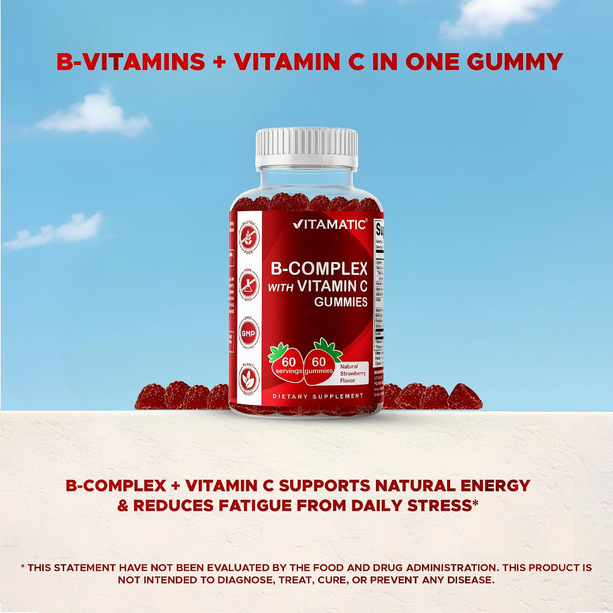 Vitamatic Vitamin B Complex Gummies with Vitamin C & Inositol - Natural Strawberry Flavour - 60 Gummies - görsel 6
