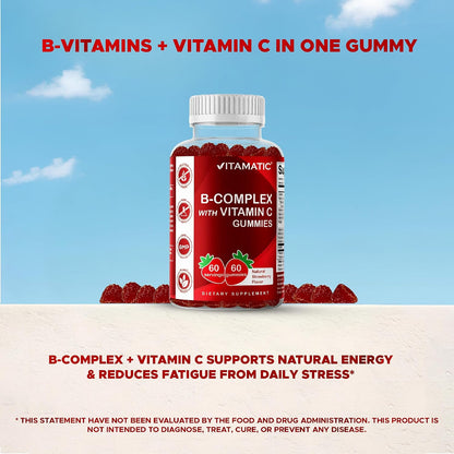 Vitamatic Vitamin B Complex Gummies with Vitamin C & Inositol - Natural Strawberry Flavour - 60 Gummies