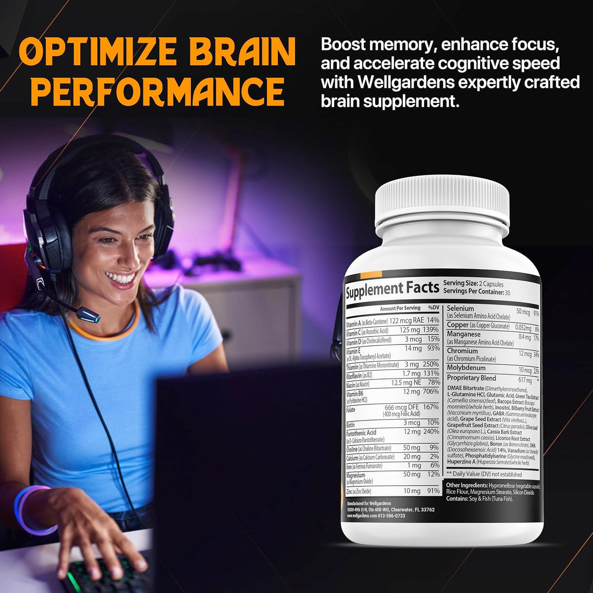 100% Pure Brain Supplements for Memory, Focus and Cognition – Daily Support for Mental Clarity with Bacopa, Magnesium, Vitamin B6, Phosphatidylserine – Non-GMO, Gluten-free - görsel 3