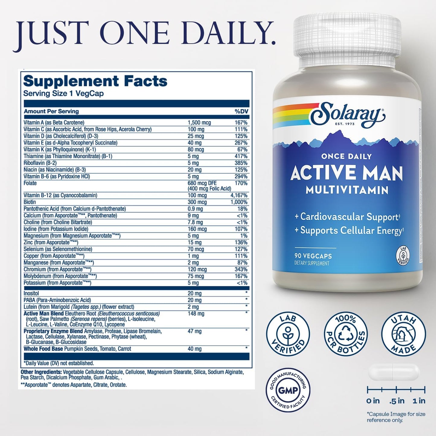SOLARAY Once Daily Active Man Multivitamin - Cellular Energy and Immune Support Food Supplement with Vitamin D, C, B12, Zinc, Lutein, Digestive Enzymes, 90 VegCaps - görsel 2