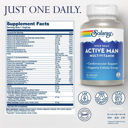 SOLARAY Once Daily Active Man Multivitamin - Cellular Energy and Immune Support Food Supplement with Vitamin D, C, B12, Zinc, Lutein, Digestive Enzymes, 90 VegCaps