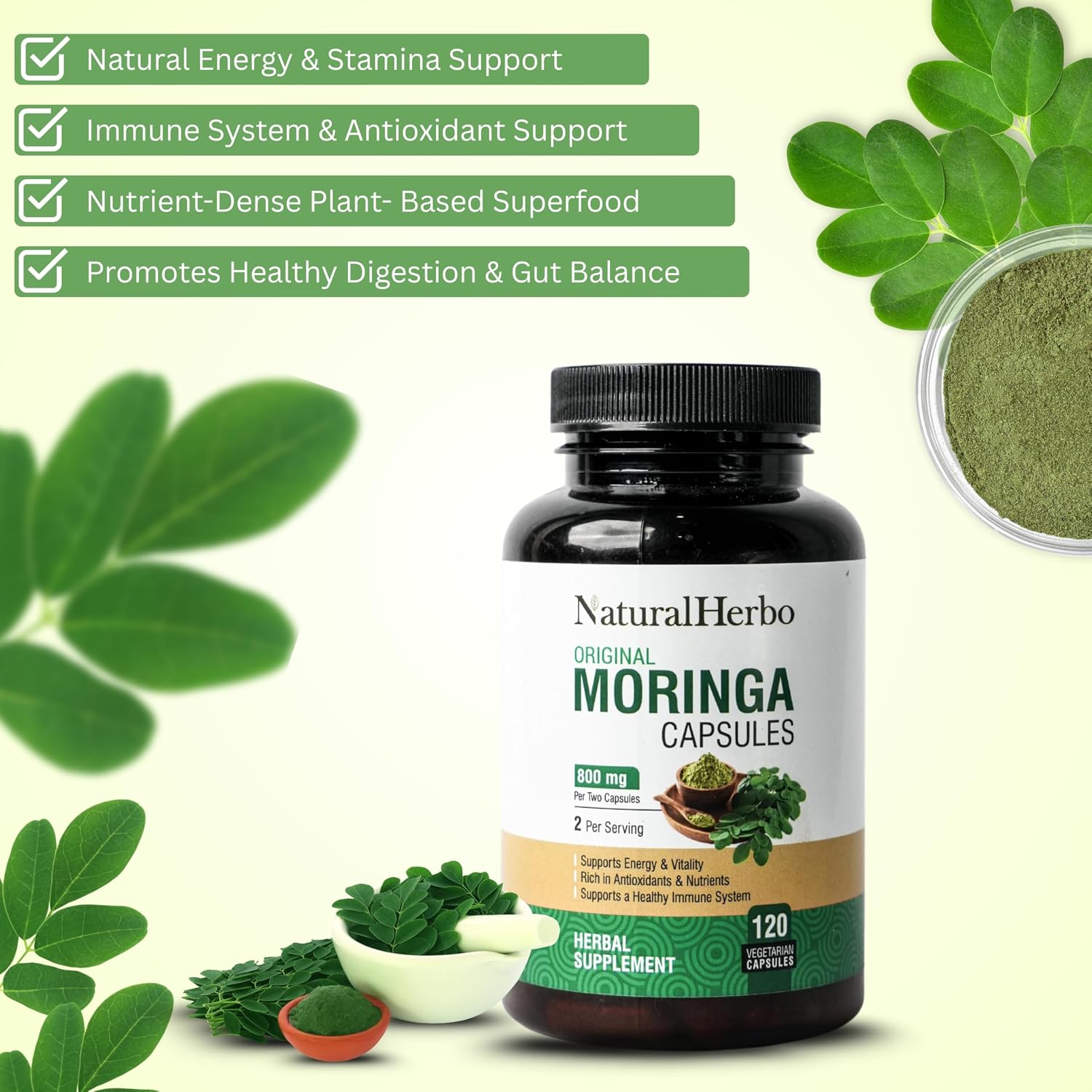 Pure Moringa Capsules - Pure Moringa Leaf Extract for Natural Energy, Digestion & Daily Wellness | Green Superfood Supplement | Vegan, Non-GMO, Gluten-free | 120 Capsules (800mg) - görsel 3