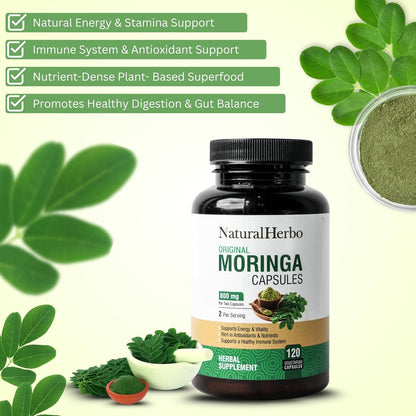 Pure Moringa Capsules - Pure Moringa Leaf Extract for Natural Energy, Digestion & Daily Wellness | Green Superfood Supplement | Vegan, Non-GMO, Gluten-free | 120 Capsules (800mg)