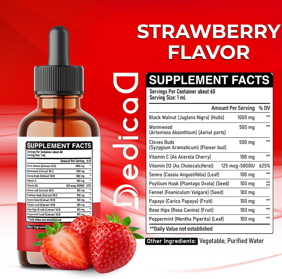 DEDICAD 11in1 Black Walnut Wormwood Cloves Liquid Drops - Strawberry Flavour, 60 ml (60 Days) - görsel 2