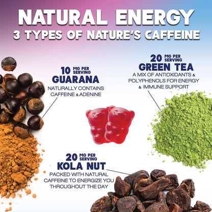Energy Gummies with Vitamin B12 & Green Tea Caffeine - Berry Flavour - 60 Count