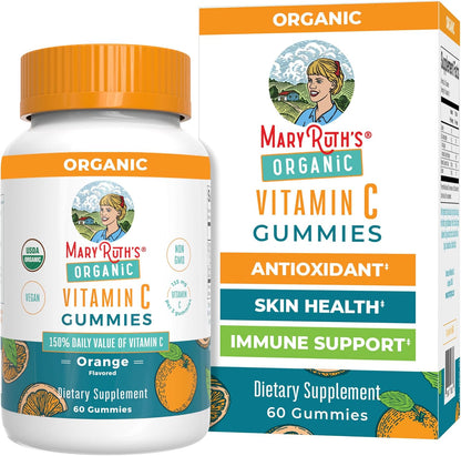MARYRUTH'S Adult Vitamin C Gummies | USDA Organic | Vegan Chewable Vitamin C Gummies for Ages 14+ | for Immune Support & Overall Wellness | Vegan | Non-GMO | Orange Flavour | 60 Count