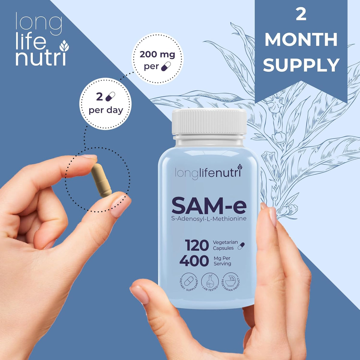 LongLifeNutri SAM-e 400mg – 120 Vegetarian Capsules - görsel 5