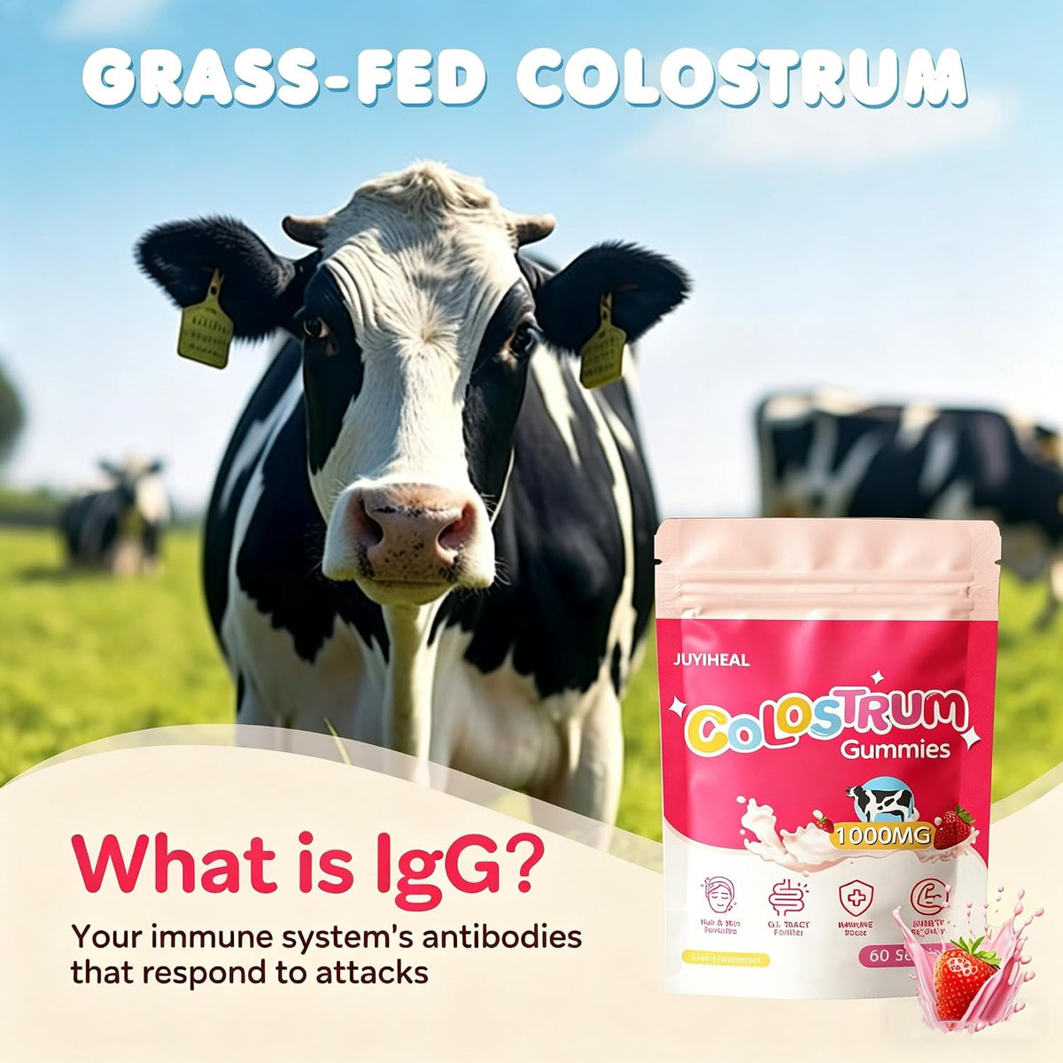 Core Bovine Colostrum Gummies – Grass-Fed Colostrum Supplement for Gut Health, Hair, Skin & Immune Support, Strawberry Flavour (60 Servings) - görsel 4
