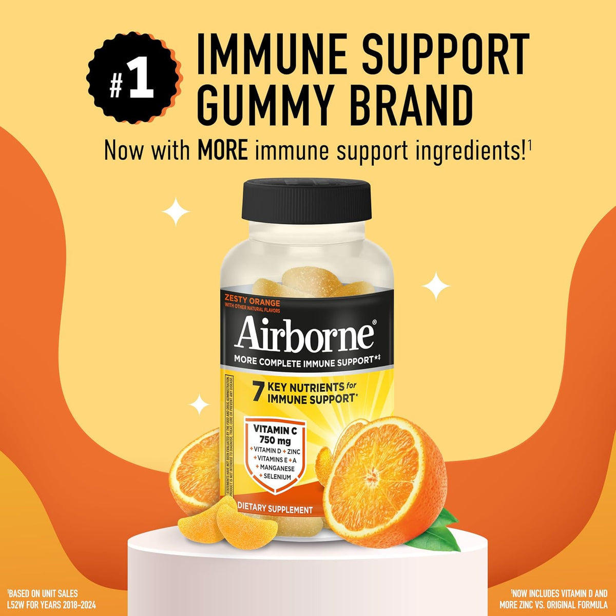 Airborne Immune Support Gummies, Zesty Orange Flavour, 42 ct - 750 mg Vitamin C + Vitamins A, D & E + Zinc, Selenium, and Manganese | with Herbal Blend | Naturally Flavoured - görsel 2