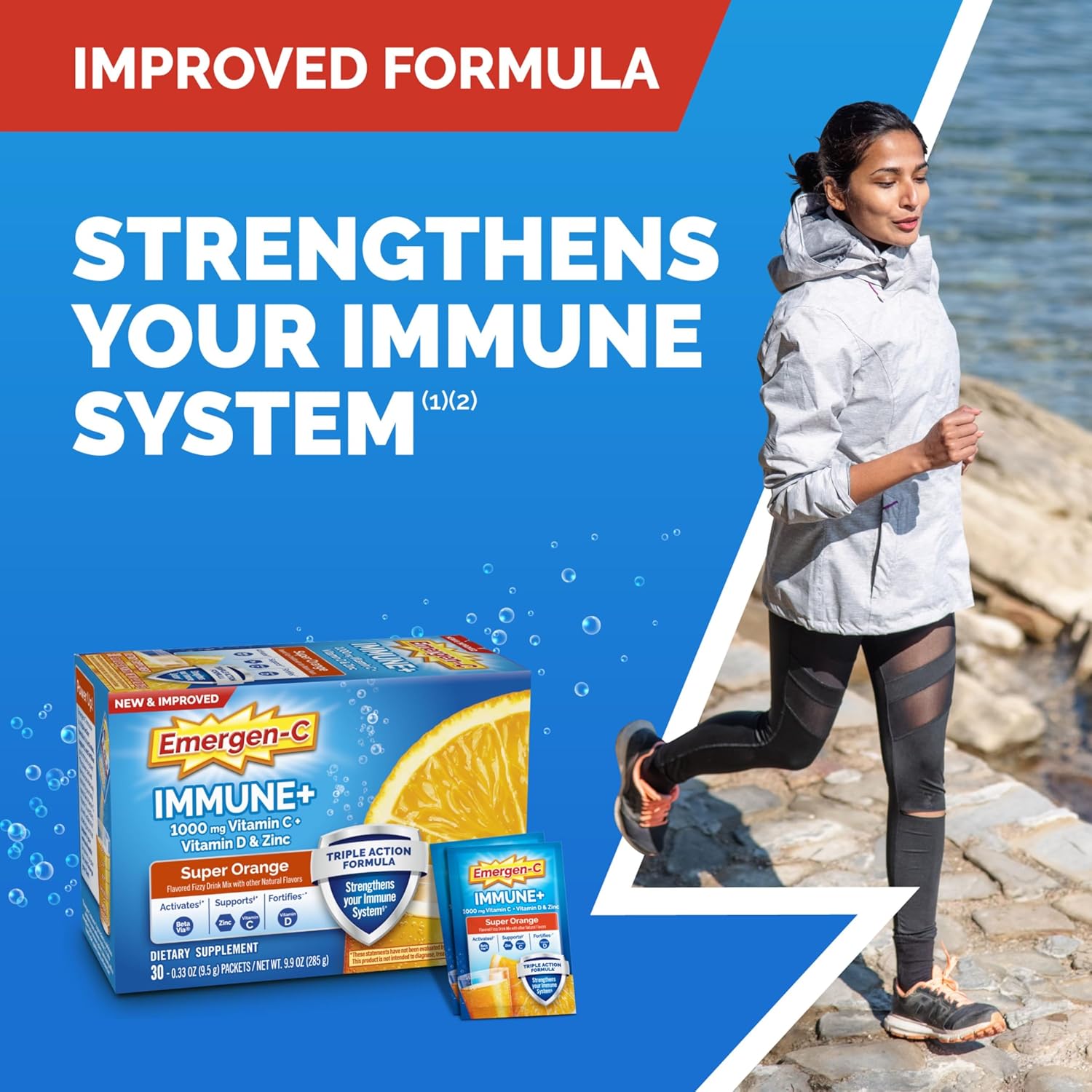 Emergen-C Immune+ Triple Action Immune Support Powder, BetaVia®, 1000mg Vitamin C, B Vitamins, Vitamin D and Antioxidants, Super Orange – 50 Count - görsel 2