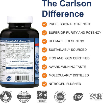 Carlson Maximum Omega 2000 - 2000 mg Omega-3 Fatty Acids, EPA & DHA, Wild-Caught Norwegian Fish Oil, Lemon Flavour, 90+30 Softgels