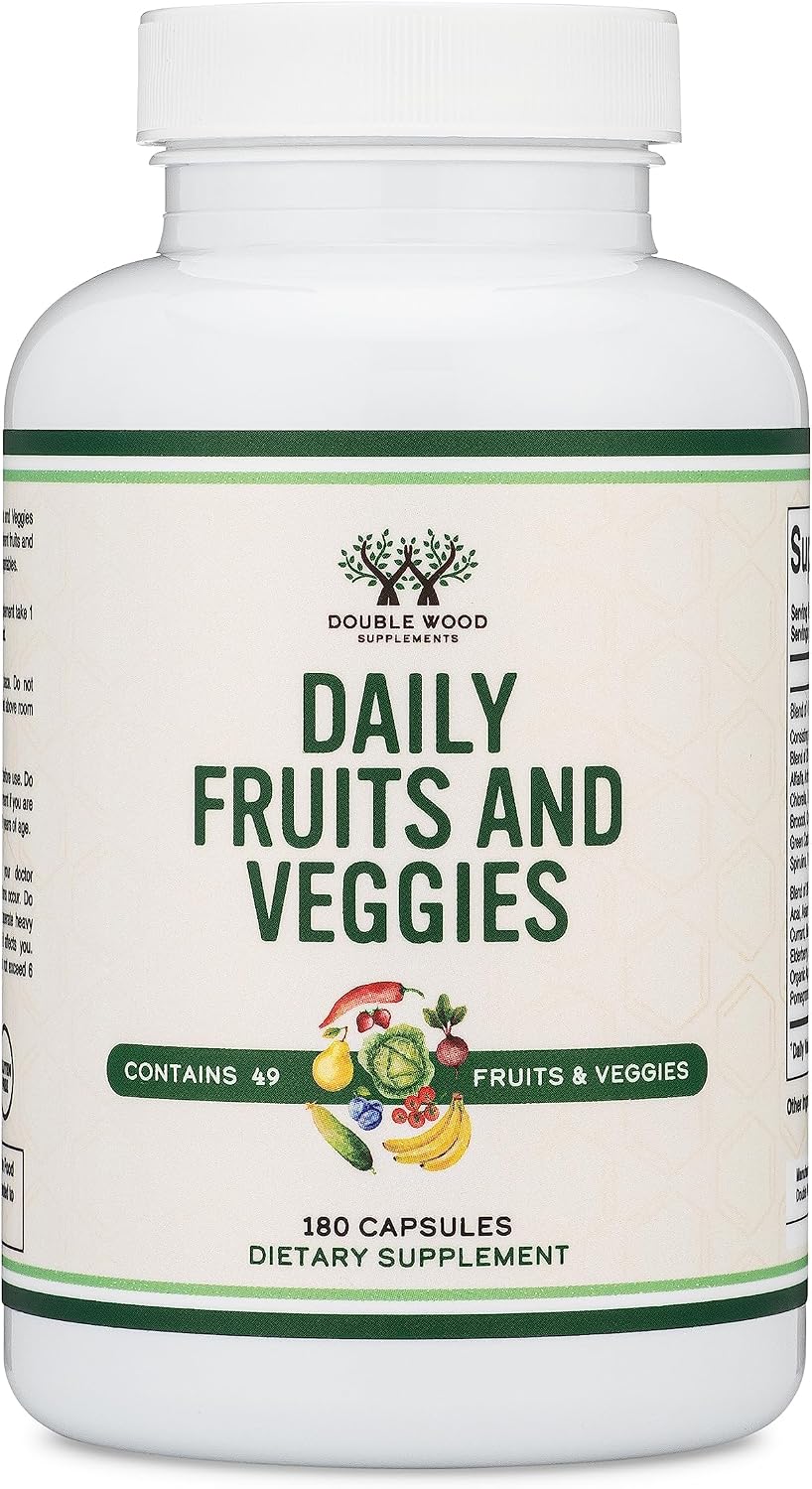 Fruits and Veggies Supplement (Daily Blend of 49 Different Fruits and Vegetables, 23 Veggies and 29 Fruits) 1,500mg Servings, 180 Capsules (No Fillers, Vegan Safe, Non-GMO) by Double Wood - görsel 1