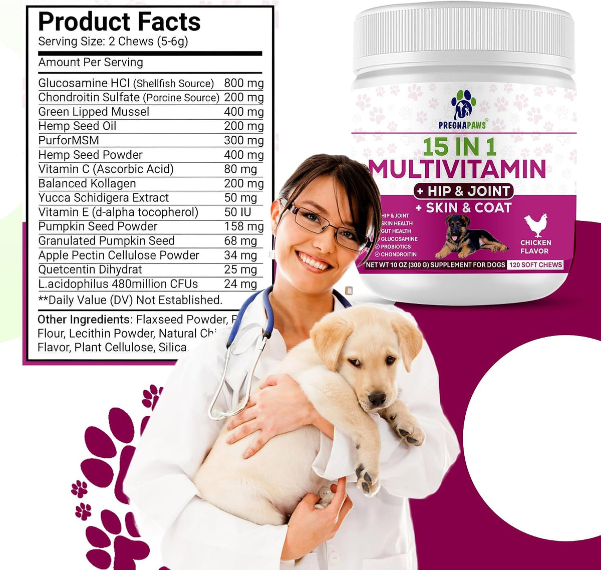 15-in-1 Postnatal Vitamins for Dogs - Recovery, Joint, Skin & Coat Support - Probiotics & Multivitamins - 120 Chewable Chicken Flavour Tablets - görsel 7