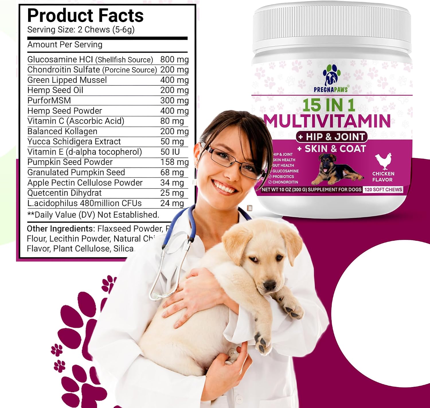 15-in-1 Postnatal Vitamins for Dogs - Recovery, Joint, Skin & Coat Support - Probiotics & Multivitamins - 120 Chewable Chicken Flavour Tablets - görsel 7
