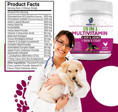 15-in-1 Postnatal Vitamins for Dogs - Recovery, Joint, Skin & Coat Support - Probiotics & Multivitamins - 120 Chewable Chicken Flavour Tablets