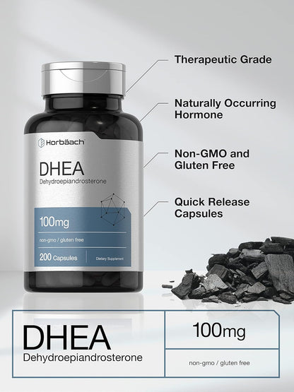 Horbäach DHEA 100mg, 200 Capsules – DHEA Dietary Supplement for Men and Women