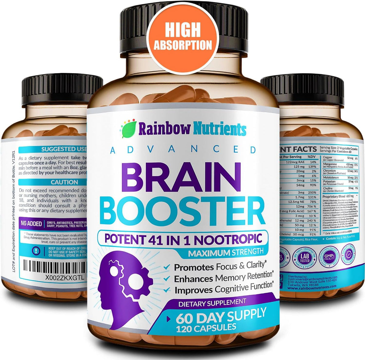 40-in-1 Brain Booster Supplements for Memory, Focus, Clarity, Energy, Performance | Natural Nootropic Brain Support Supplement with DMAE, Bacopa Monnieri & More | For Men & Women | 120 Veggie Capsules - görsel 1