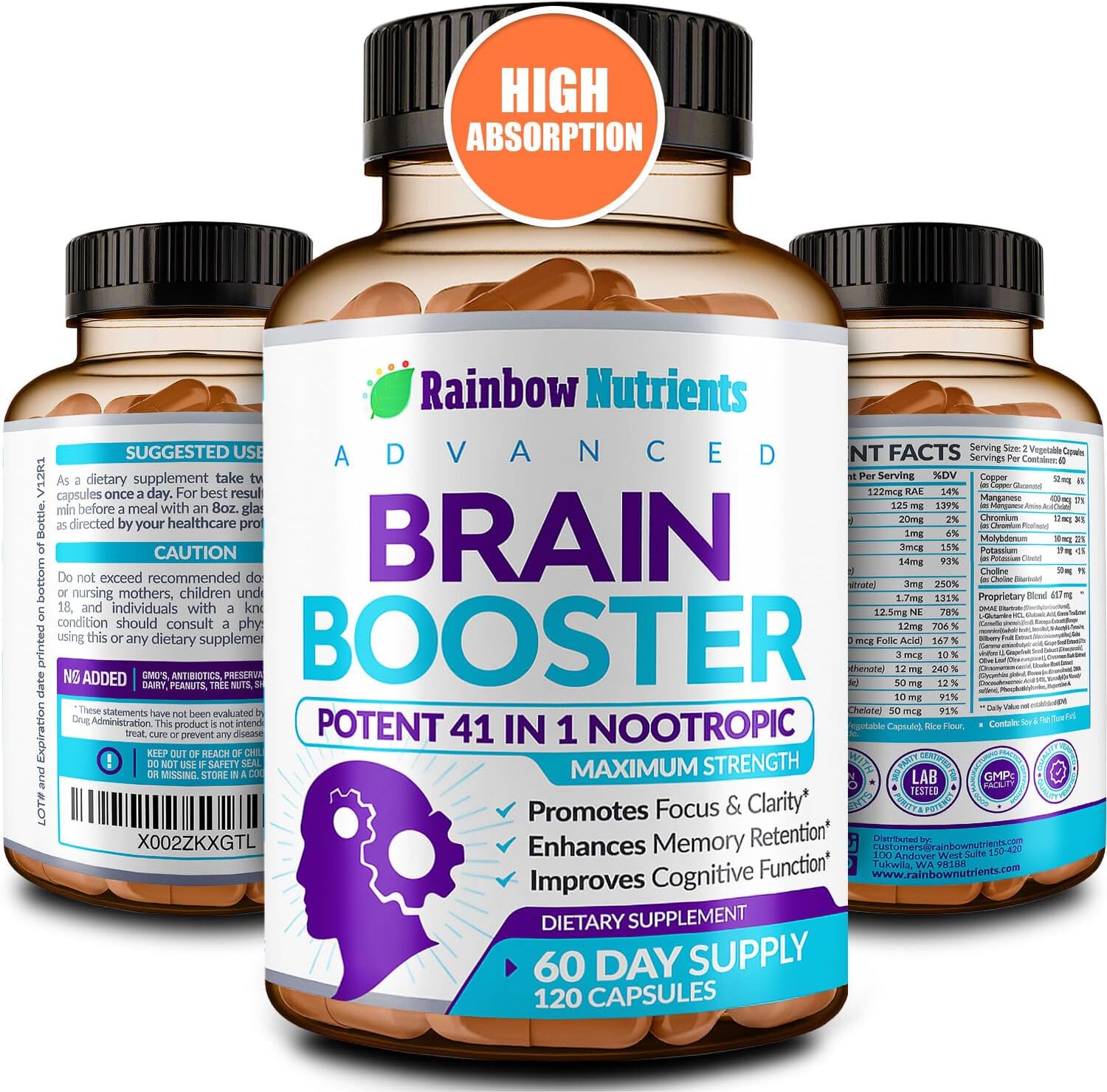 40-in-1 Brain Booster Supplements for Memory, Focus, Clarity, Energy, Performance | Natural Nootropic Brain Support Supplement with DMAE, Bacopa Monnieri & More | For Men & Women | 120 Veggie Capsules - görsel 1